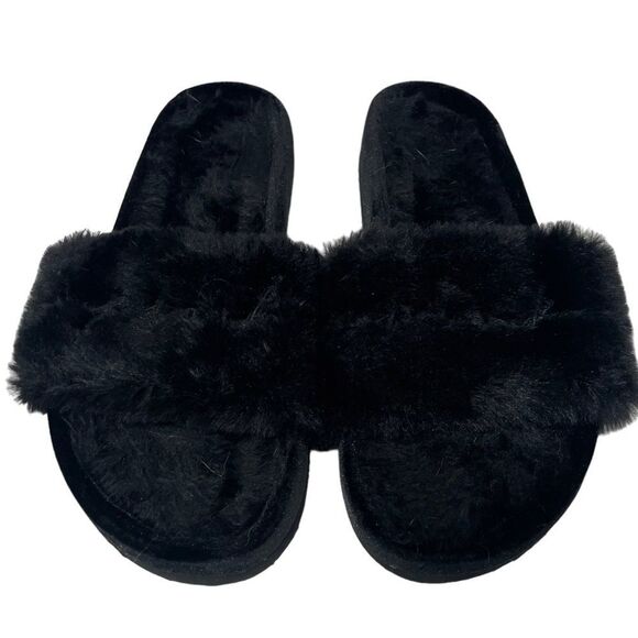 NWOT Victoria’s Secret PINK Black Fuzzy Slide On Sandals - Picture 1 of 3